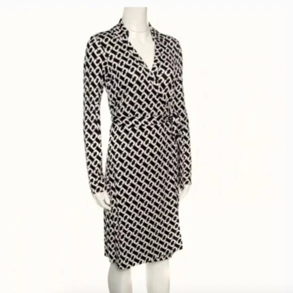 Diane von Furstenberg Classic Chain Pattern Black 100% Silk Jersey Dress Size 4
